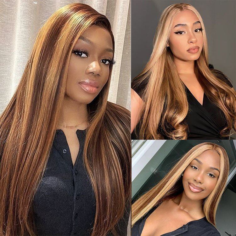 Glueless 13x4 Straight Highlight P4/27 Honey Blonde Wigs