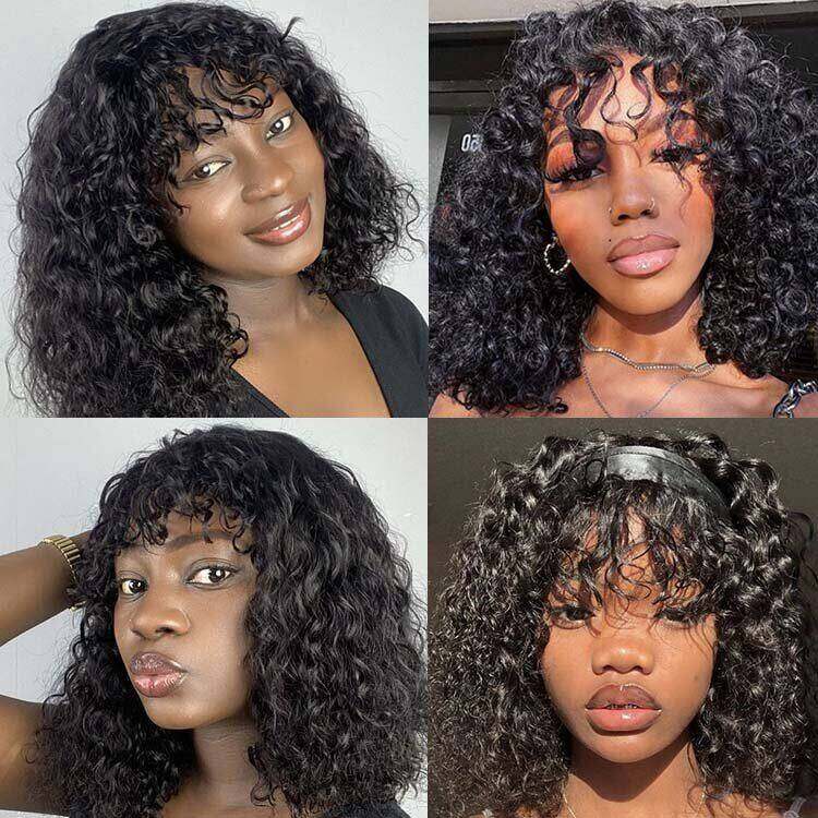 Readytogo Glueless Water Wave Short Bob Wig with Bangs Brazilian Virgin Human Hair