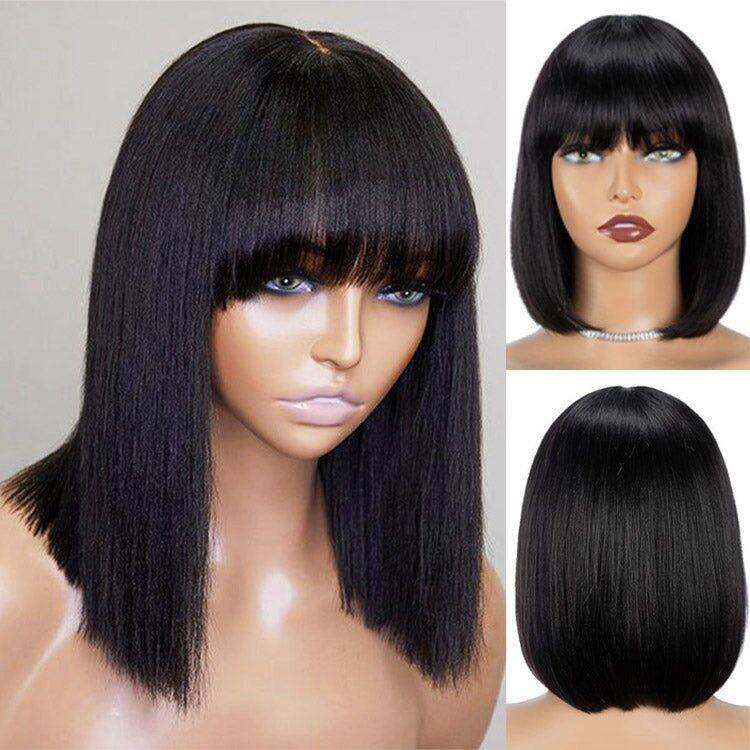 Straight Fringe Bob Wig With Bangs Brazilian Short Bob Human Hair Wigs For Women Machine Made Wig With Bangs Remy Hair Full Wig Natural Color