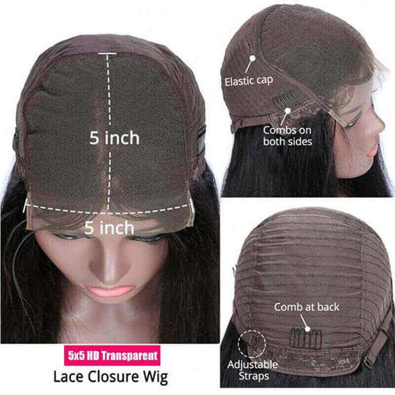 Glueless Straight Human Hair 5x5 Lace Closure Wigs Pre Plucked with Baby Hair