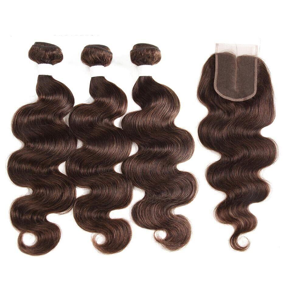 #4 Brown Body Wave 4 Bundles With 4x4 Lace Closure Pre Colored human hair