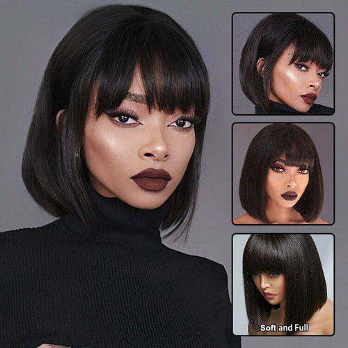 Straight Fringe Bob Wig With Bangs Brazilian Short Bob Human Hair Wigs For Women Machine Made Wig With Bangs Remy Hair Full Wig Natural Color