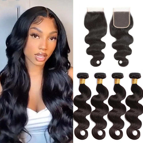 (B1) Body Wave 4 Bundles With 4X4 Transparent Lace Closure