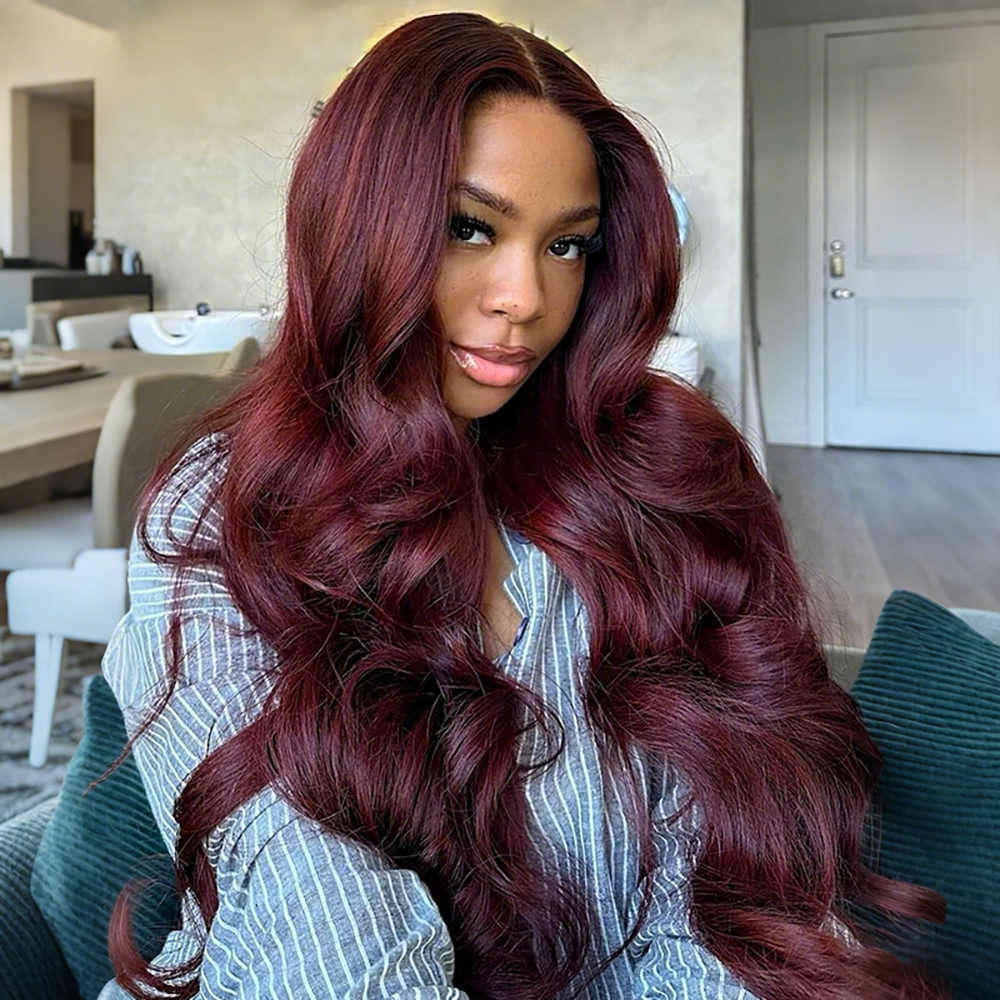 Black Cherry Curtain Bangs Body Wave Human Hair 8x5 Pre Cut Lace Glueless HD Lace Wigs 180% Density