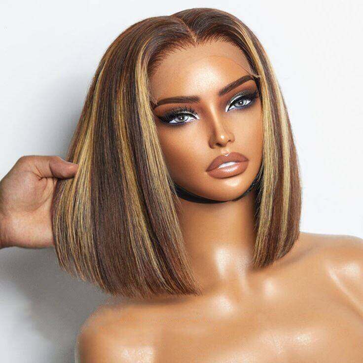 Glueless Honey Blonde Highlight 4x4 Straight Bob wig