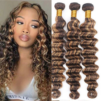 Highlight Loose Deep Wave 3 Bundles 30 Inch Human Hair Bundles P4/27 Ombre Brown Hair Extensions(No Code Need)