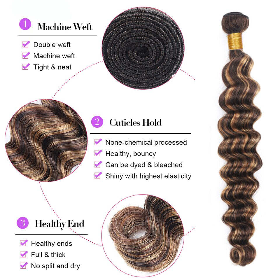 Highlight Loose Deep Wave 3 Bundles 30 Inch Human Hair Bundles P4/27 Ombre Brown Hair Extensions(No Code Need)
