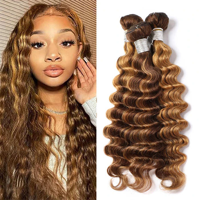 Highlight Loose Deep Wave 3 Bundles 30 Inch Human Hair Bundles P4/27 Ombre Brown Hair Extensions(No Code Need)