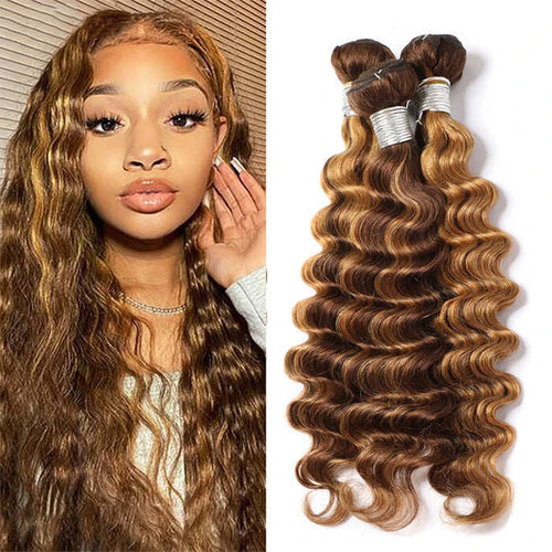 Highlight Loose Deep Wave 3 Bundles 30 Inch Human Hair Bundles P4/27 Ombre Brown Hair Extensions(No Code Need)