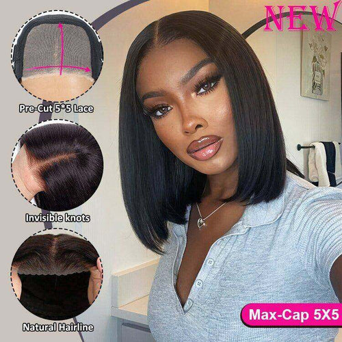 Glueless Max-cap Super Double Drawn 5X5 Straight BOB Wig 250% density