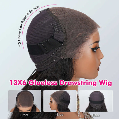 Glueless Drawstring Wig 13×6 HD Lace 24 Inch 250% Density – Invisible Knots Pre Bleached Pre Plucked Pre Cut – Out Box Ready Human Hair Wig