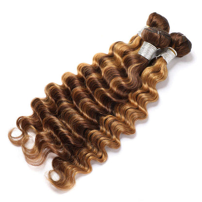 Highlight Loose Deep Wave 3 Bundles 30 Inch Human Hair Bundles P4/27 Ombre Brown Hair Extensions(No Code Need)