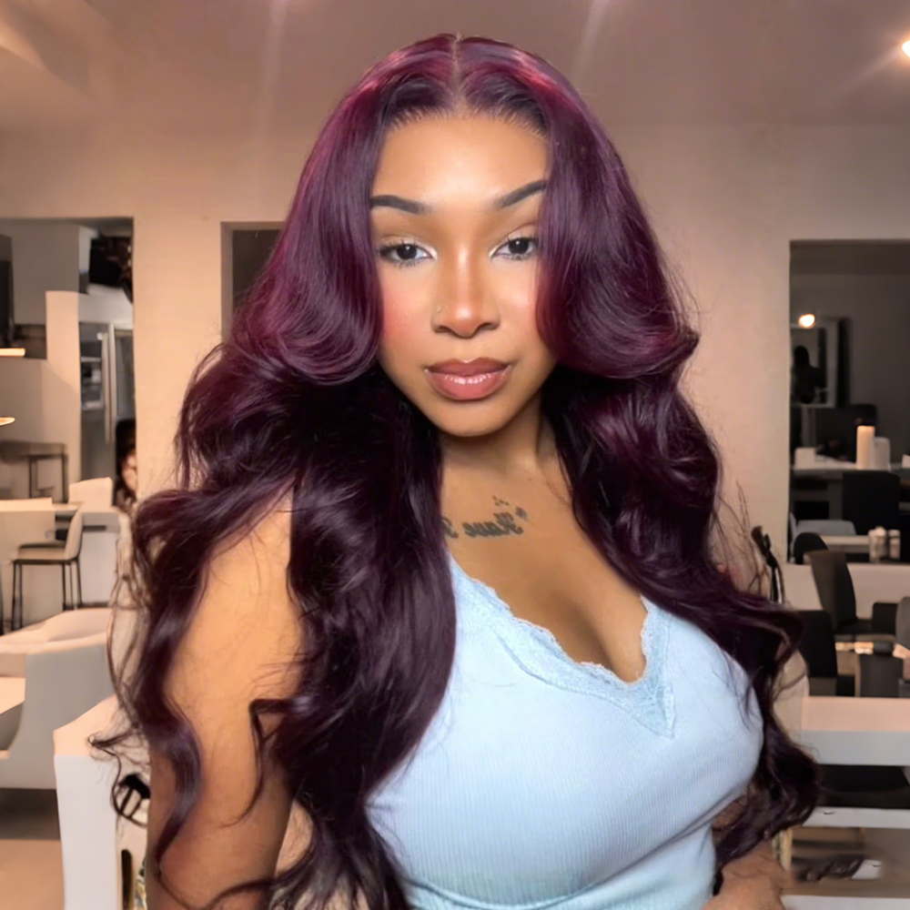 Black Cherry Curtain Bangs Body Wave Human Hair 8x5 Pre Cut Lace Glueless HD Lace Wigs 180% Density