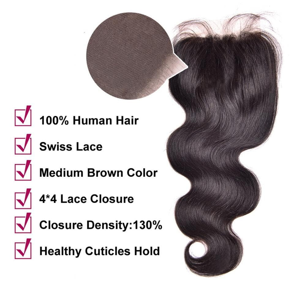 Body Wave Virgin Hair 3 Bundles with 4X4 Lace Closure