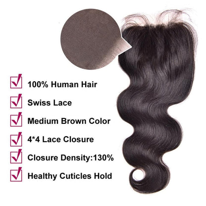 Body Wave Virgin Hair 3 Bundles with 4X4 Lace Closure
