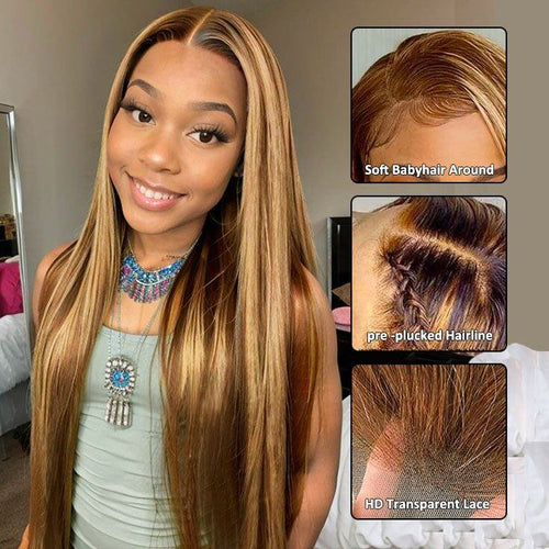 Glueless 13x4 Straight Highlight P4/27 Honey Blonde Wigs