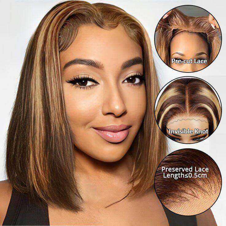Glueless Honey Blonde Highlight 4x4 Straight Bob wig