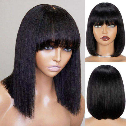 Straight Fringe Bob Wig With Bangs Brazilian Short Bob Human Hair Wigs For Women Machine Made Wig With Bangs Remy Hair Full Wig Natural Color