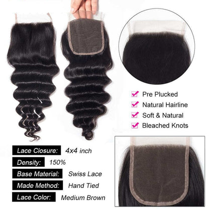 Loose Deep Wave 3 Bundles with 4x4 Closure / 13x4 Frontal 100% Human Hair extension
