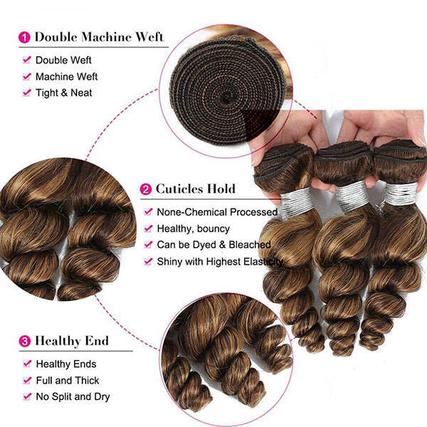 Highlight P4/27 Loose Wave 3 Bundles with HD Lace Ombre Brown Human Hair Bundles with 4X4 Closure