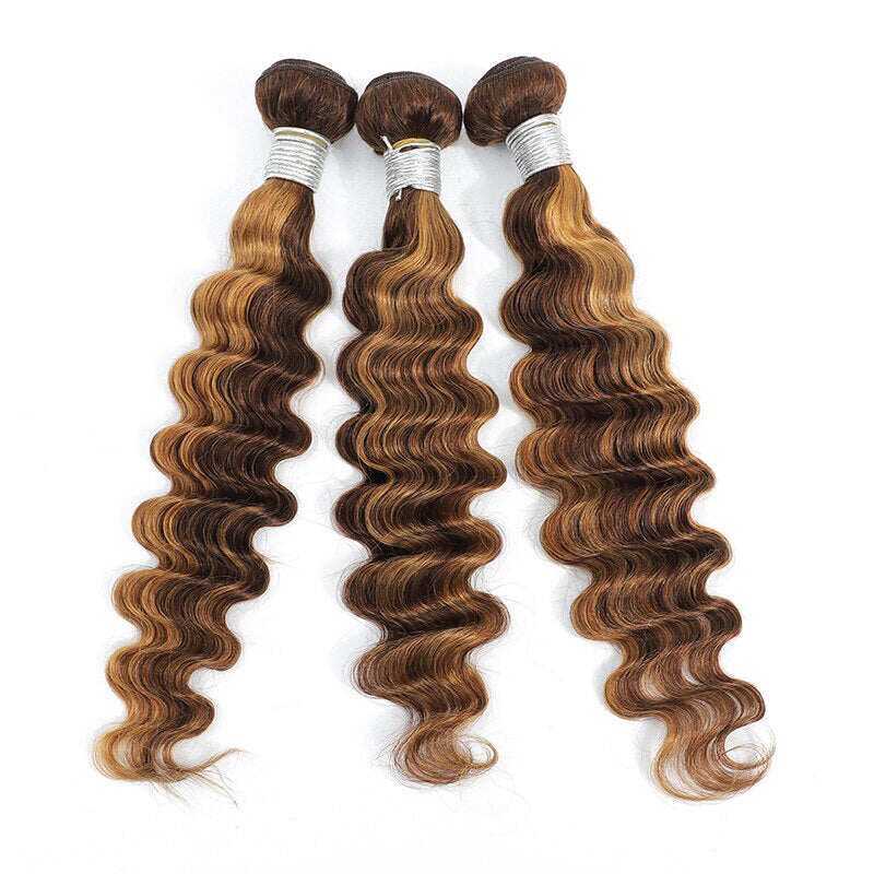 Highlight Loose Deep Wave 3 Bundles 30 Inch Human Hair Bundles P4/27 Ombre Brown Hair Extensions(No Code Need)