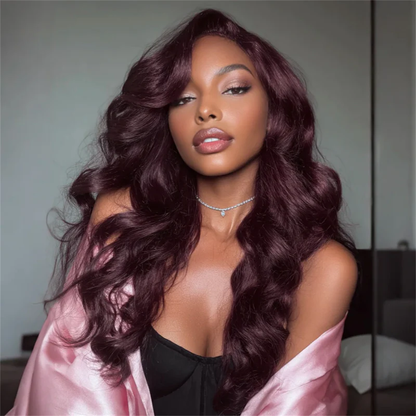 Black Cherry Curtain Bangs Body Wave Human Hair 8x5 Pre Cut Lace Glueless HD Lace Wigs 180% Density