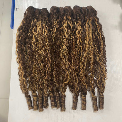 Highlight P4/27 Colored Burmese Curly 4 Bundles Pixie Curls Human Hair Bundles Ocean Spirals Curly
