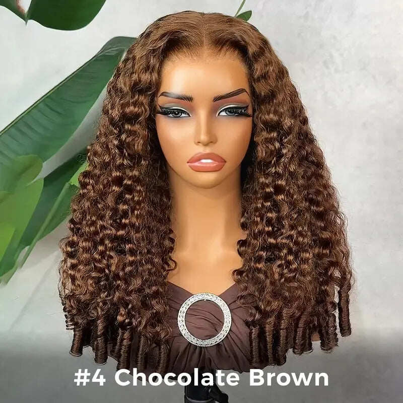 Full Burmese Curly 13x6 Lace Frontal Glueless Wigs #4 Chocolate Brown Color 220% Density Water Wave Virgin Human Hair Wigs Pre Plucked Natural Hairline #SummerVibes