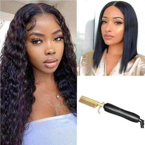 4x4 Water Wave Wig Straight Bob Wig Human Hair Hot Comb