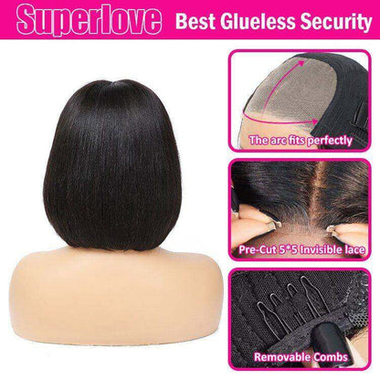 Glueless Max-cap Super Double Drawn 5X5 Straight BOB Wig 250% density
