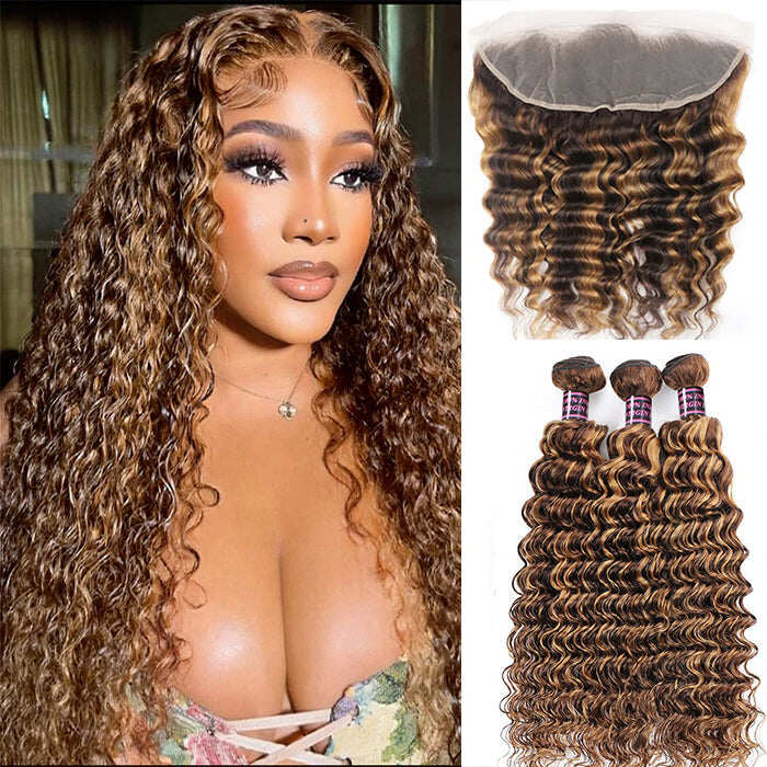 Highlight P4/27 Deep wave 3 Bundles With 13x4 Transparent Lace Frontal