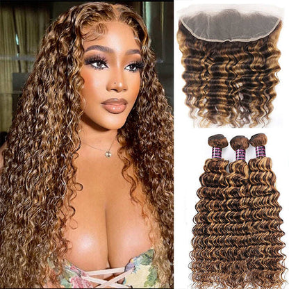 Highlight P4/27 Deep wave 3 Bundles With 13x4 Transparent Lace Frontal