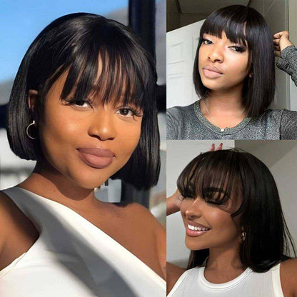 Straight Fringe Bob Wig With Bangs Brazilian Short Bob Human Hair Wigs For Women Machine Made Wig With Bangs Remy Hair Full Wig Natural Color