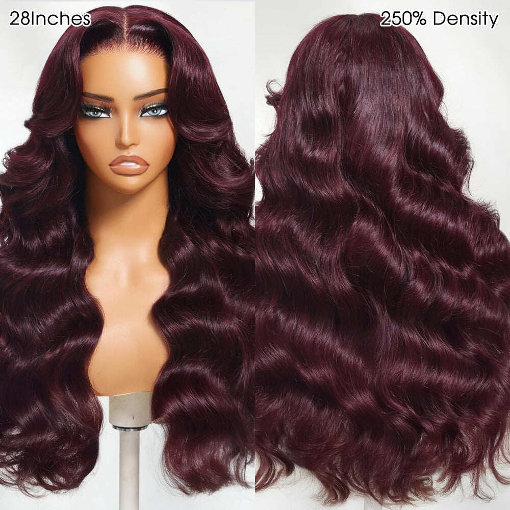 Black Cherry Curtain Bangs Body Wave Human Hair 8x5 Pre Cut Lace Glueless HD Lace Wigs 180% Density