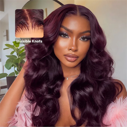 Black Cherry Curtain Bangs Body Wave Human Hair 8x5 Pre Cut Lace Glueless HD Lace Wigs 180% Density