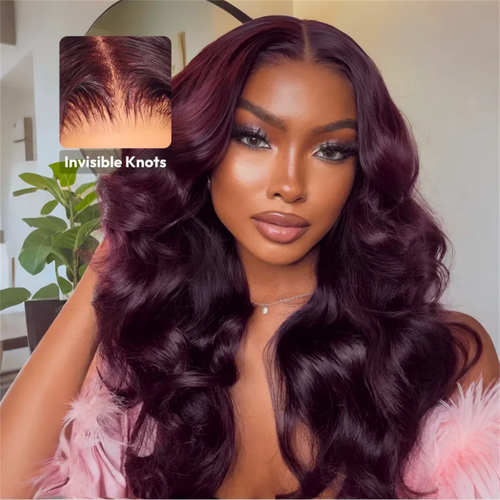 Black Cherry Curtain Bangs Body Wave Human Hair 8x5 Pre Cut Lace Glueless HD Lace Wigs 180% Density
