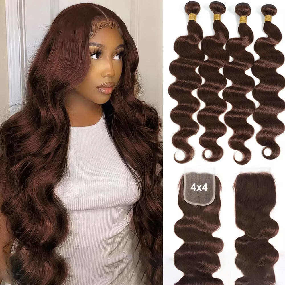 #4 Brown Body Wave 4 Bundles With 4x4 Lace Closure Pre Colored human hair