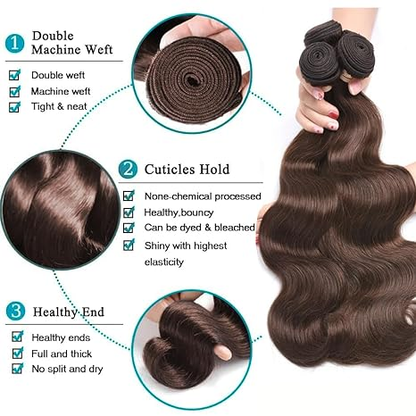 #4 Brown Color Body Wave 3 Bundles Human Hair Remy Extensions