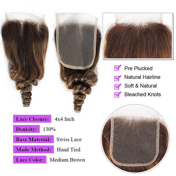 Highlight P4/27 Loose Wave 3 Bundles with HD Lace Ombre Brown Human Hair Bundles with 4X4 Closure