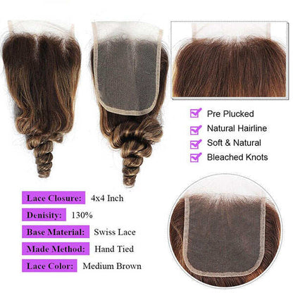 Highlight P4/27 Loose Wave 3 Bundles with HD Lace Ombre Brown Human Hair Bundles with 4X4 Closure