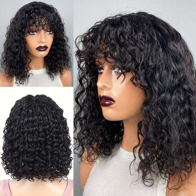 Readytogo Glueless Water Wave Short Bob Wig with Bangs Brazilian Virgin Human Hair