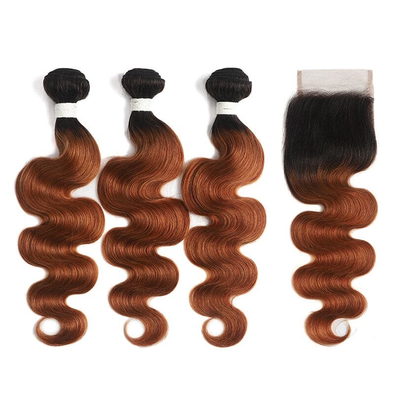Ombre 1B/30 Body Wave 3 Bundles With Closure 4x4 pre Colored 100% virgin human hair